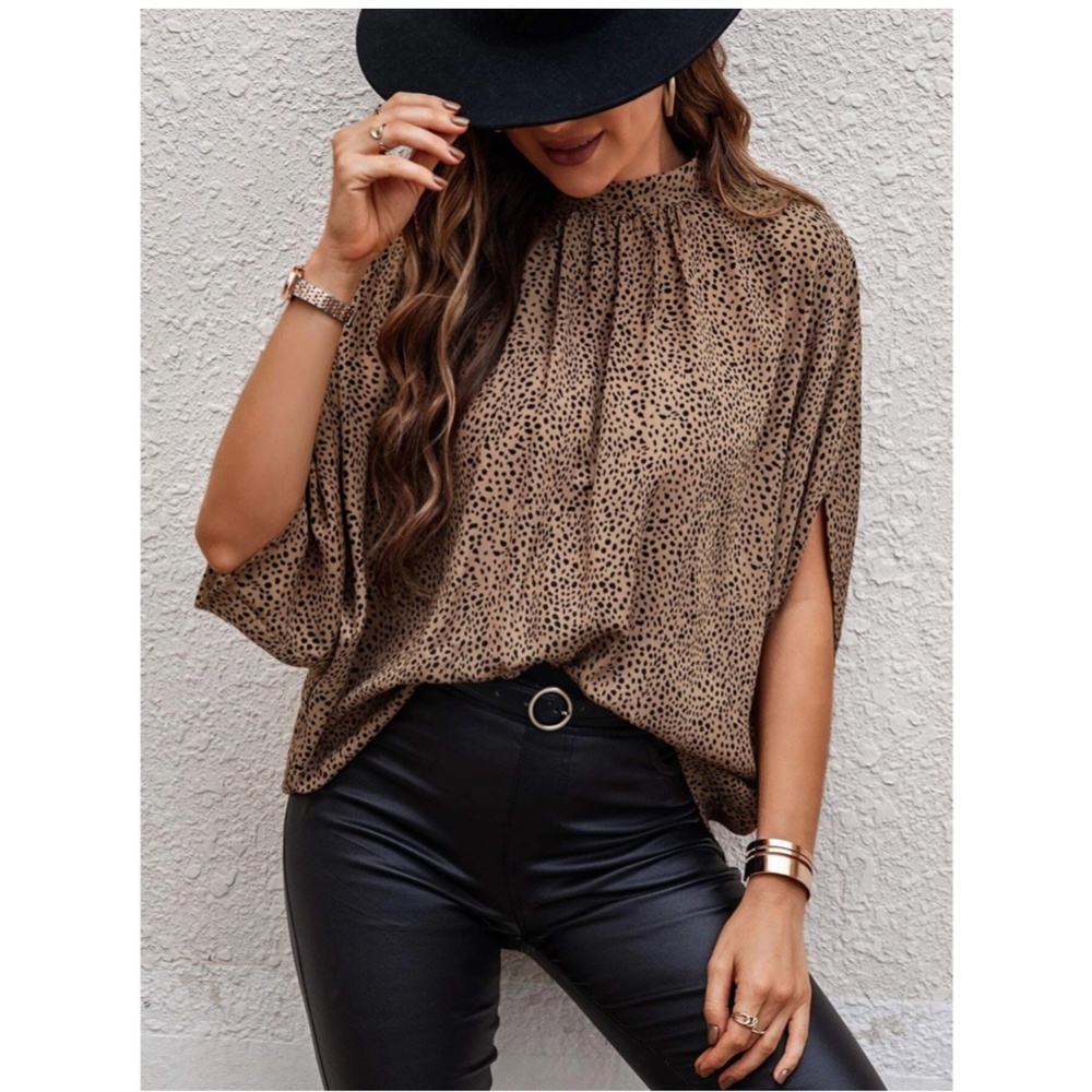 Spotted Print Cheetah Pattern Short Sleeve Relaxed Fit Blouse Tan Tie Back Neck - Picture 5 of 8